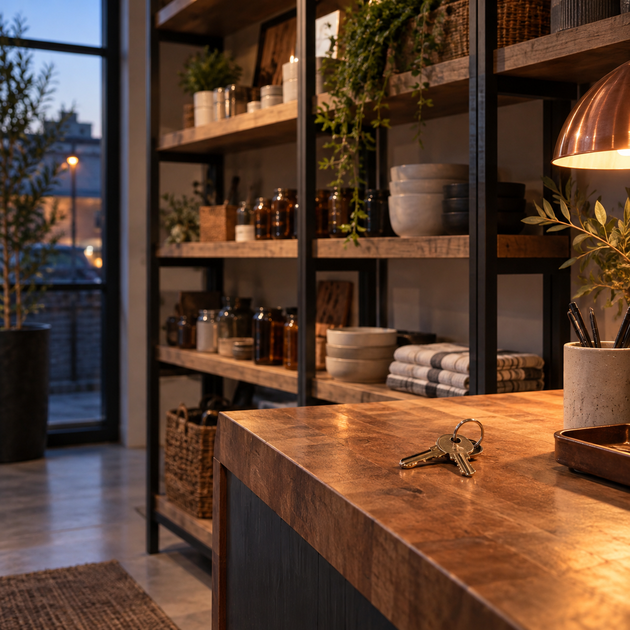 Illustrative scene of new small-business premises: freshly fitted shelving, a set of plain keys, a ready-to-use counter